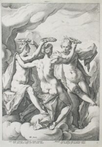 Three nude women dance lightly in the clouds, standing in a circle with their left arms around each other. Their right arms each hold a wreath above the head of the woman on their right. The central woman faces away from the viewer, while the other two are viewed from the front and sides.