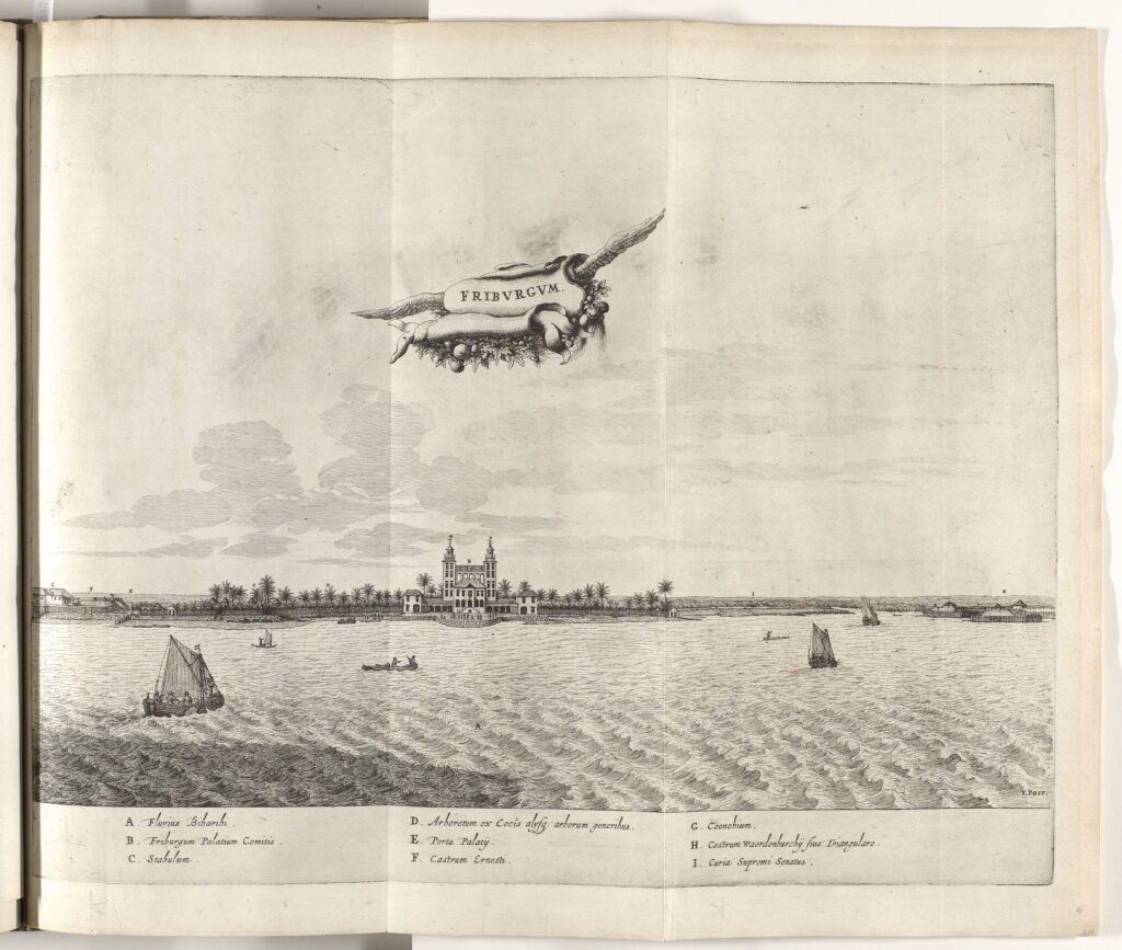 A distant view of a grand palace on a strip of coastline. In the foreground are six scattered boats. The top two-thirds of the image is sky, with an orate flying banner with the palace name in Latin.