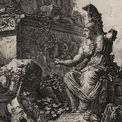 A detail of a black-and-white etching showing ancient ruins with a statue